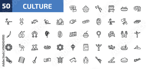 culture outline icon set. 50 linear vector for ui, web and mobile. thin line bolo de fuba, mud hut, native american axes and more icons.