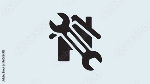 A logo featuring a wrench and hammer crossed over a house icon on a light blue background