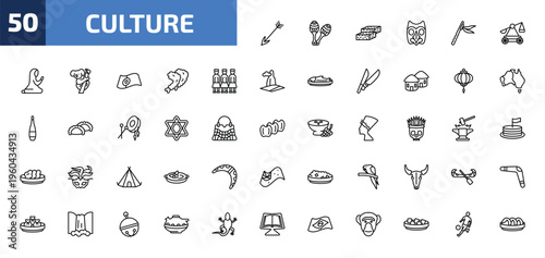 culture outline icon set. 50 linear vector for ui, web and mobile. thin line native, maracas couple, turron and more icons.