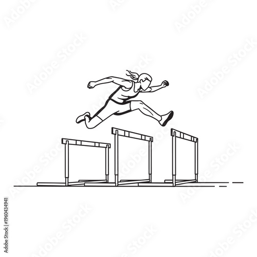 A woman jumps over hurdles in a track and field event