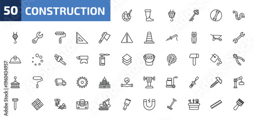 construction outline icon set. 50 linear vector for ui, web and mobile. thin line pallete, rubber boots, hook with cargo and more icons.