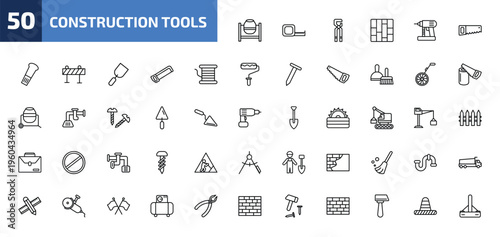 construction tools outline icon set. 50 linear vector for ui, web and mobile. thin line cement mixers, open scale, big clippers and more icons.