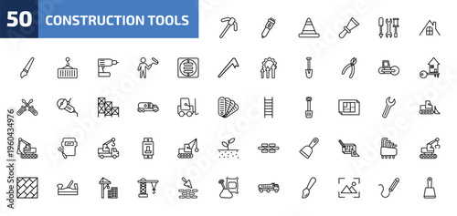construction tools outline icon set. 50 linear vector for ui, web and mobile. thin line gardening digger, clippers, road stopper and more icons.