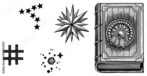 Mystical spellbook with ornate cover, celestial stars, cosmic sparkles, mystical sigils, illustration, magical.