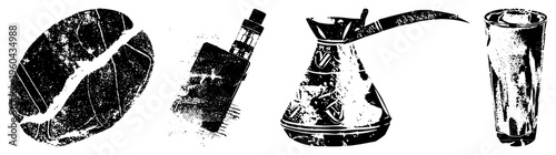 Black and white vector of coffee bean, vape mod, cezve, and tumbler glass, halftone style, isolated graphics, beverage and vaping symbols.