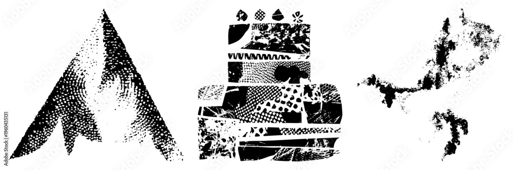 Obraz premium Vector halftone compositions with geometric and organic forms, stylized black and white, graphic design elements, texture based shapes, artistic abstraction.