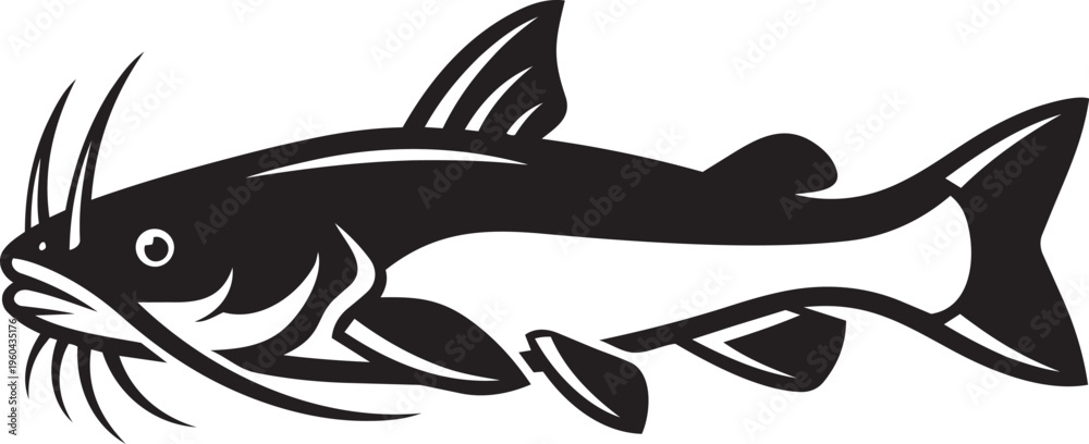 Obraz premium silhouette catfish vector art with bold barbels and fins, strong aquatic wildlife design style