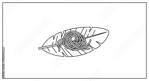 Minimalist Line Art: Spaghetti Nest on Banana Leaf with Chopstick