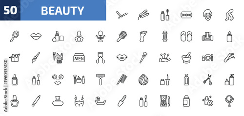 beauty outline icon set. 50 linear vector for ui, web and mobile. thin line vintage razor, hair straightener, mascara and more icons.