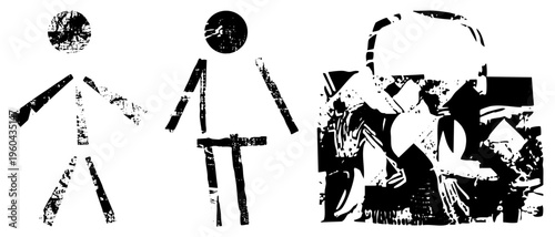 Stylized human forms rendered in high contrast black and white with grainy textures, minimalist shapes, and fragmented, evoking raw artistic expression.