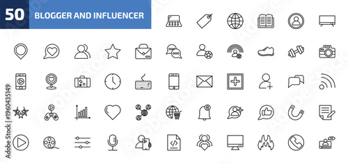 blogger and influencer outline icon set. 50 linear vector for ui, web and mobile. thin line makeup palette, label, world and more icons.