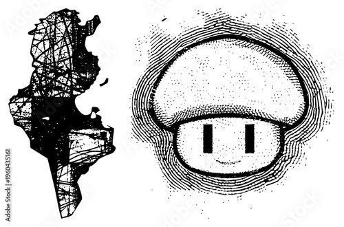 Vintage halftone mushroom illustration with dot shading, paired with abstract hand, graphic design, comic art, vector sketch, black and white, textured strokes, isolated elements.