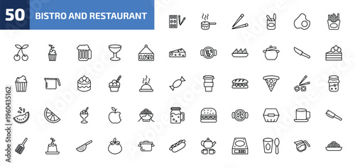 bistro and restaurant outline icon set. 50 linear vector for ui, web and mobile. thin line sushi mix, boiling water pan, chopsticks and more icons.