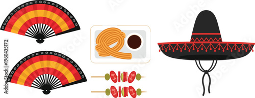 Spanish and Mexican Cultural Vector Set with Traditional Hand Fans, Delicious Churros with Chocolate, Grilled Tapas Skewers, and Black Sombrero Hat