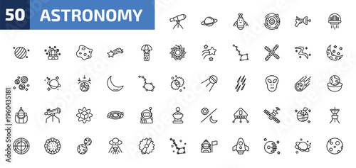 astronomy outline icon set. 50 linear vector for ui, web and mobile. thin line telescope pointing up, saturn, space robot and more icons.