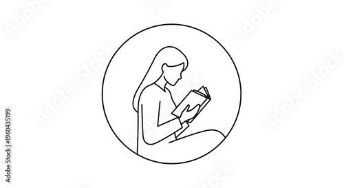 Minimalist line drawing of a woman reading a book inside a circle, symbolizing education and knowledge.