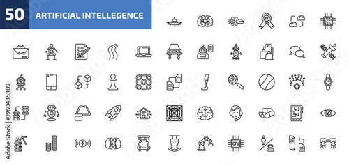 artificial intellegence outline icon set. 50 linear vector for ui, web and mobile. thin line aeroplane, ai brain, hyperloop and more icons.