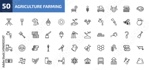 agriculture farming outline icon set. 50 linear vector for ui, web and mobile. thin line trough, oat, combine harvester and more icons.