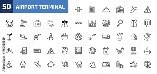 airport terminal outline icon set. 50 linear vector for ui, web and mobile. thin line airport x ray hine, control check, tray with cover and more icons.