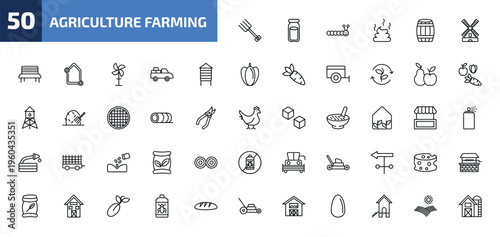 agriculture farming outline icon set. 50 linear vector for ui, web and mobile. thin line farming fork, milk jar, caterpillar and more icons.