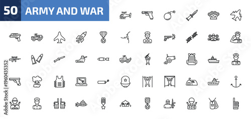 army and war outline icon set. 50 linear vector for ui, web and mobile. thin line helicopter, gun, bomb and more icons.
