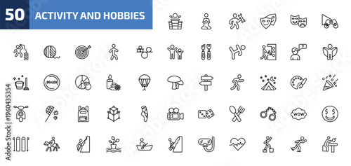 activity and hobbies outline icon set. 50 linear vector for ui, web and mobile. thin line beer pong, meditating, repairing and more icons.