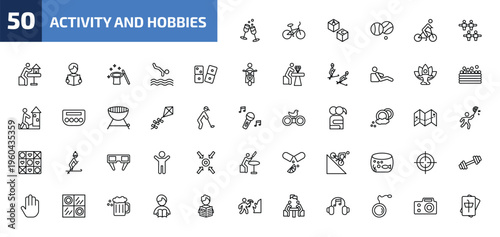 activity and hobbies outline icon set. 50 linear vector for ui, web and mobile. thin line hang out, bmx, boggle and more icons.