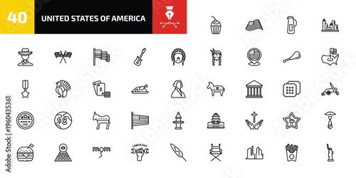 united states of america outline icon set. 40 linear vector for ui, web and mobile. thin line bake, patriotic, baste and more icons.