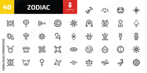 zodiac outline icon set. 40 linear vector for ui, web and mobile. thin line safety, projection, leo and more icons.