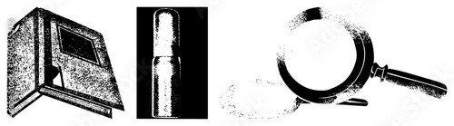 Open book with textured pages, cylindrical pill bottle, magnifying glass with handle, all rendered in halftone dot. Classic vector illustration with isolated foreground elements.