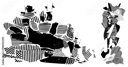 Stylized black forms with varied textures, graphic art composition, bold contrast, modern abstract design, vector illustration with halftone fills.