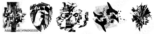 Black and white fractured shapes forming abstract compositions, halftone textures, graphic design elements, stylized typography, fragmented forms, vector art, layout.