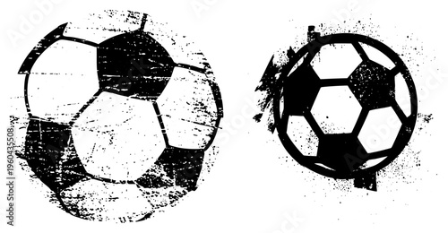 Two stylized soccer balls with worn textures, black and white design, sport, athletic emblem, retro football graphic.