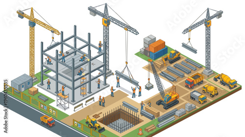 Isometric flat vector illustration: workers and machinery building a modern urban structure on a construction site.