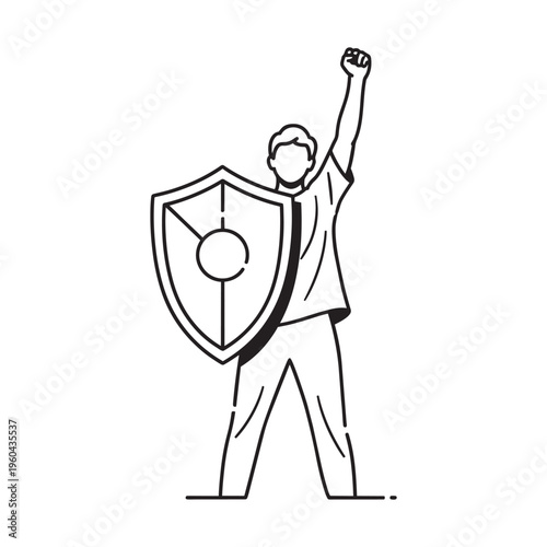 Man holding shield and raising fist