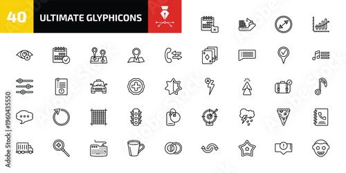 ultimate glyphicons outline icon set. 40 linear vector for ui, web and mobile. thin line calendar with letter x, cargo boat, circle sizes and more icons.