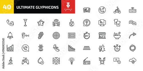 ultimate glyphicons outline icon set. 40 linear vector for ui, web and mobile. thin line reading, incoming phone, man on motorbike and more icons.