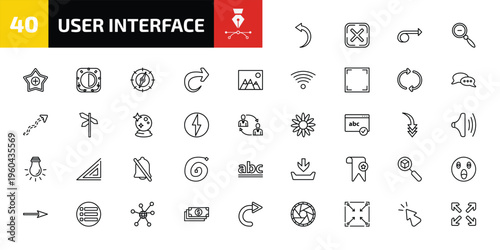 user interface outline icon set. 40 linear vector for ui, web and mobile. thin line curve left arrow, cancel, right turn and more icons.