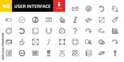 user interface outline icon set. 40 linear vector for ui, web and mobile. thin line new email envelope, right tings, spinning left arrow and more icons.
