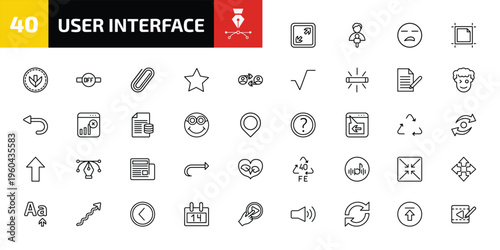 user interface outline icon set. 40 linear vector for ui, web and mobile. thin line expand tool, news reporters, boring and more icons.
