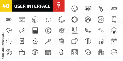 user interface outline icon set. 40 linear vector for ui, web and mobile. thin line wink smile, rear window defrost, up and down arrow and more icons.