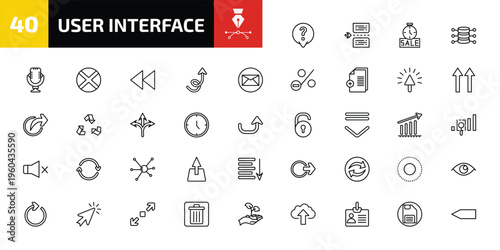 user interface outline icon set. 40 linear vector for ui, web and mobile. thin line answer, page break, sale time and more icons.