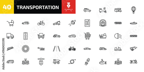 transportation outline icon set. 40 linear vector for ui, web and mobile. thin line off road, scooter bike, camper car and more icons.