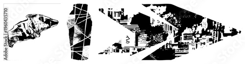 Fragmented black and white vector shapes with halftone, urban motifs, geometric abstraction, graphic design elements, stylized cityscape.