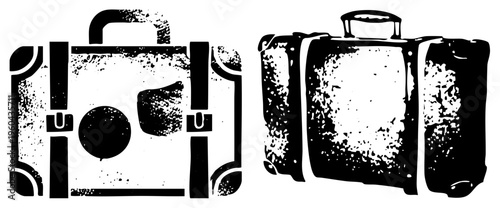 Retro travel bags, suitcase and briefcase graphic, vintage luggage, grunge design, black and white vector, travel gear, business trip essentials.