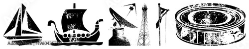 Black and white vector of maritime vessels, communication towers, and a food can, rendered with halftone texture and distressed style.