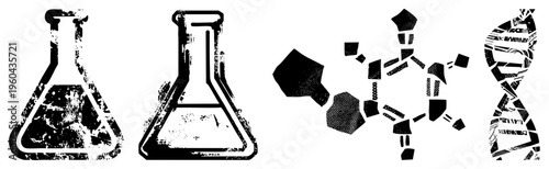 Lab flasks with chemical reactions, molecular geometry diagrams, DNA double helix, scientific research symbols, black and white vector.