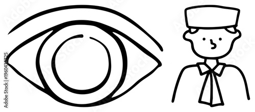 Oversized eye graphic with pupil, bellhop character in uniform, style, travel, hotel staff symbol, minimalist vector illustration.