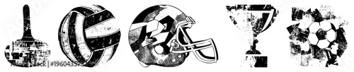 Classic sports symbols with gritty texture, athletic gear, competition trophies, team spirit, black and white graphic design.
