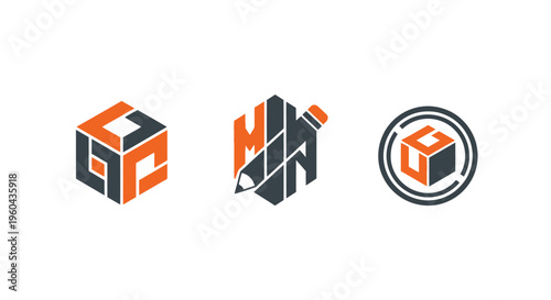 Modern Logo Designs: Abstract Geometric Cubes and Pencil Icon